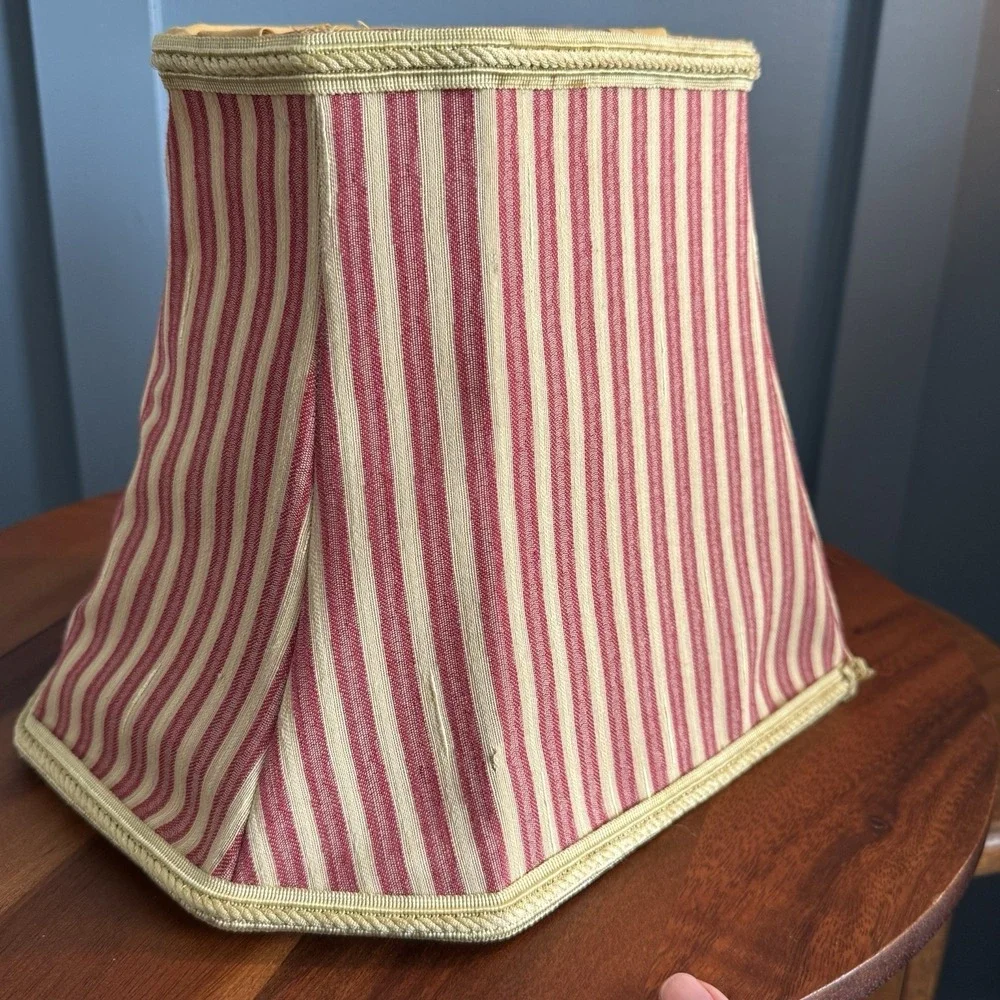 Vintage Striped Lampshade Burgundy Tan Square Bell Rope Trim 12.